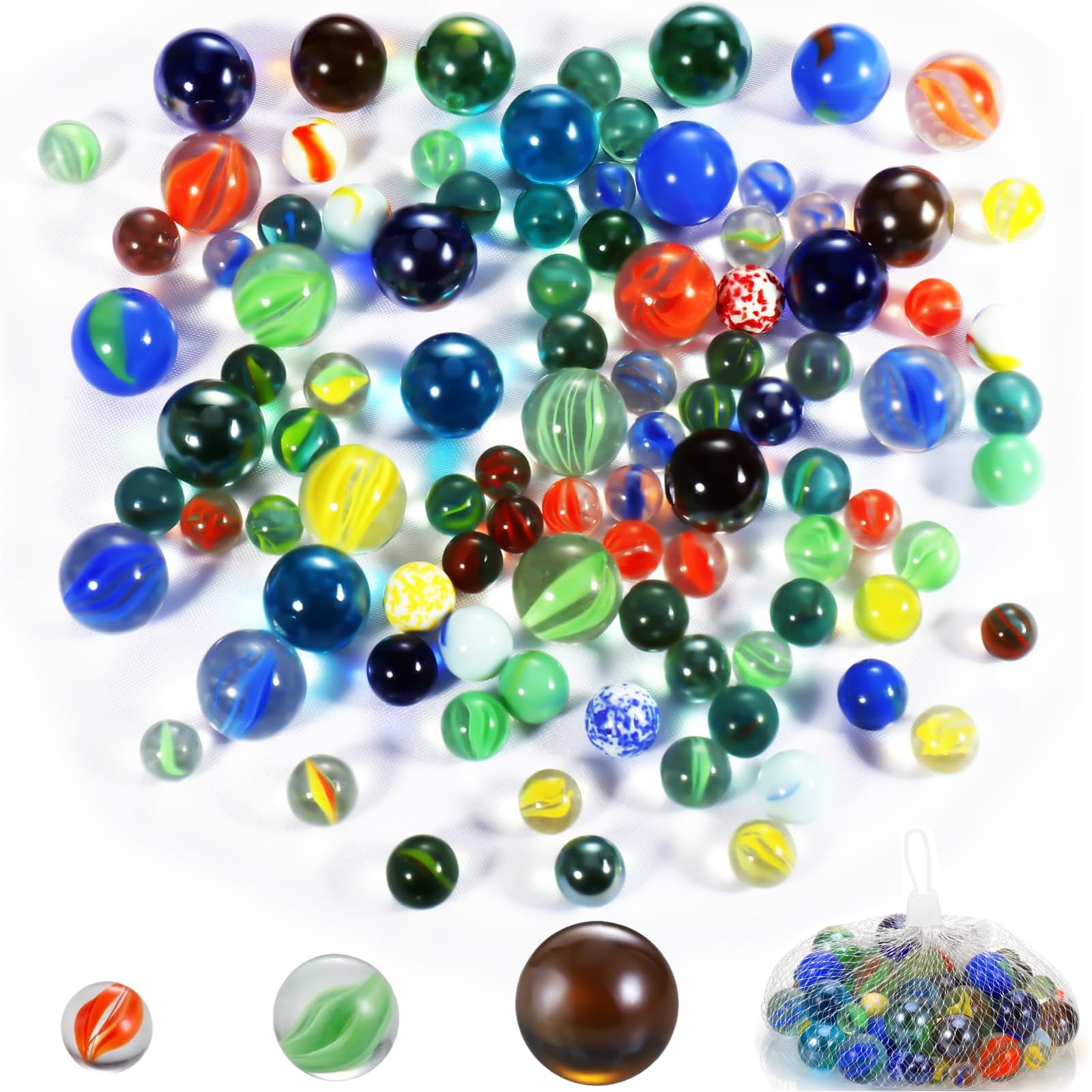 Yimomoyi 100 PCS Glass Marbles, 3 Sizes Assorted Colors Round Marbles Toy, Colour Mixed Glass Marbles for Kids Marble Games DIY Home Decoration