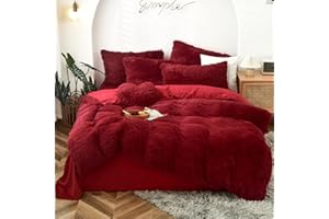 MorroMorn 5 PCS Shaggy Duvet Cover Bedding Set - Fluffy Comforter Cover Long Faux Fur Luxury Ultra Soft Cozy (Dark Red, King/California King)