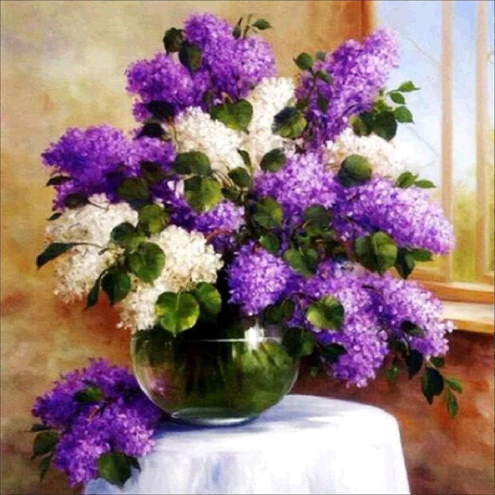 DIY 5D Diamond Painting by Number Kits, Full Drill Crystal Rhinestone Embroidery Pictures Arts Craft for Home Wall Decoration Purple White Flowers 11.8 x 11.8 Inch