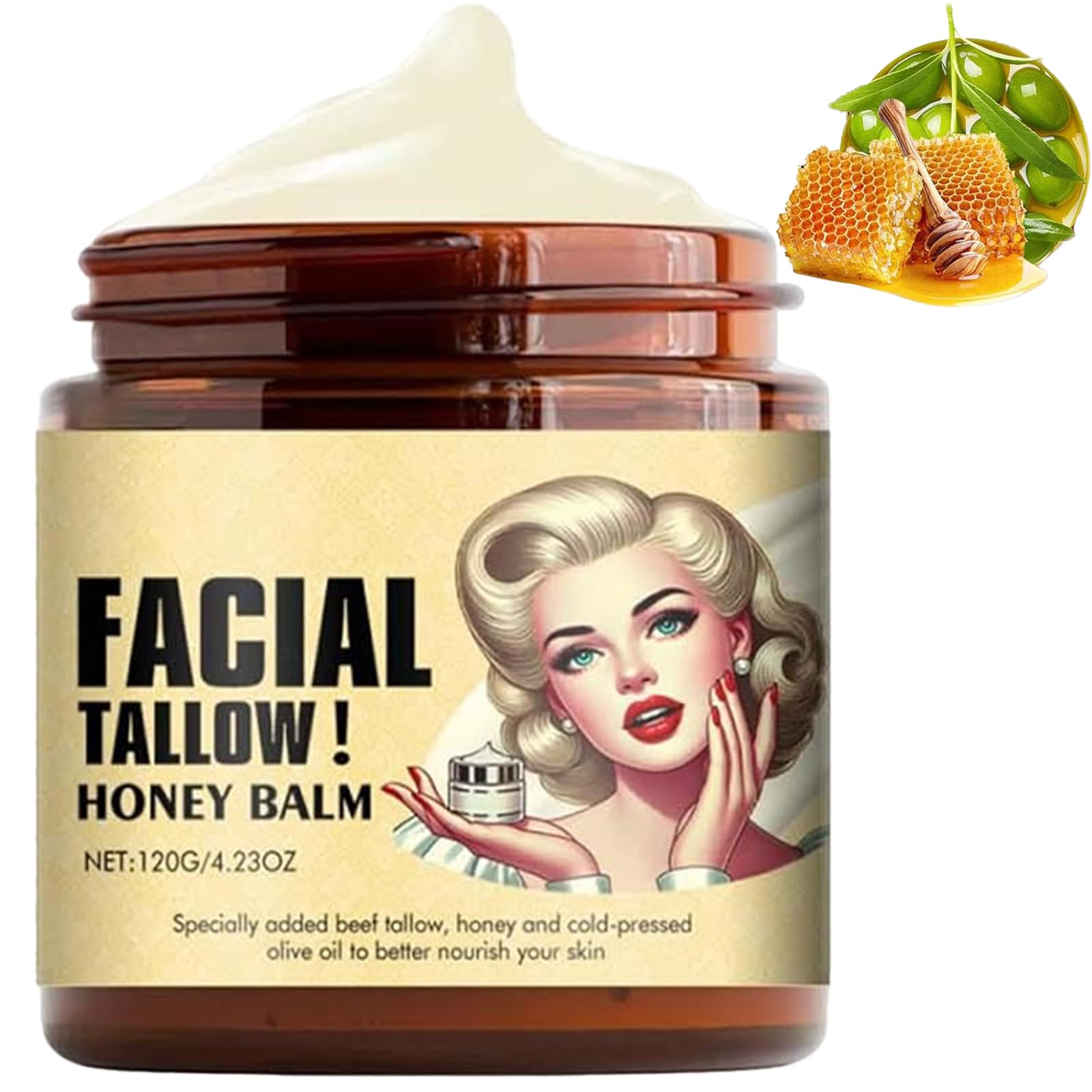 Beef Tallow Skin Care, 100% Natural Tallow and Honey Balm,Pure Tallow Balm,Organic Wrinkle Defense Moisture Tallow Cream for Face, Body(120g)