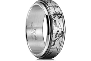 King Will Mens 6mm 8mm Black Silver Tungsten Carbide Wedding Bands Inlay Lasered Seagull/Forest Landscap/Panda/Deer/Hunting/Fly Fishing Brushed Wedding Rings for Men Women