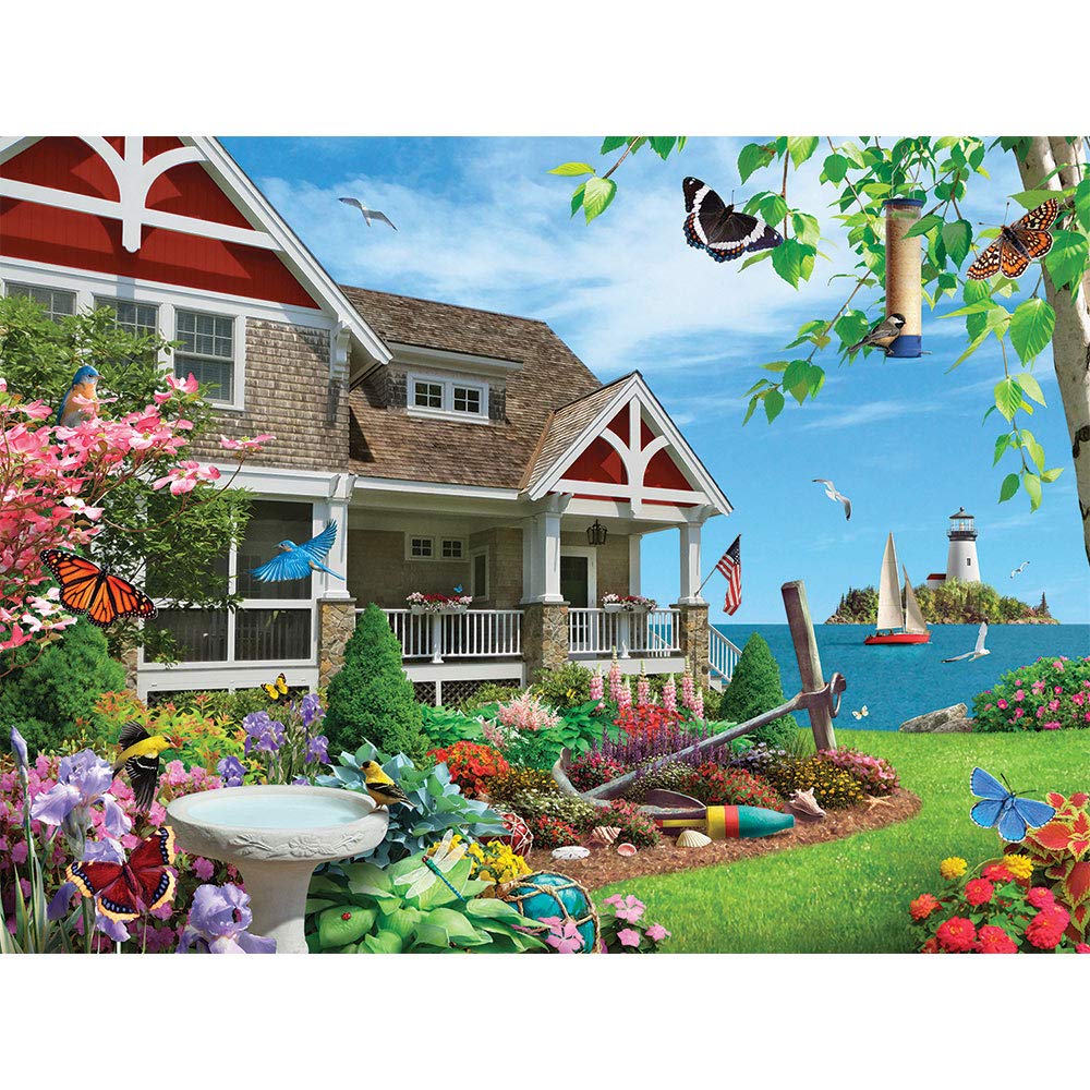 Bits and Pieces - 1000 Piece Jigsaw Puzzle for Adults 51cm x 69cm - Blooming Beach House - 1000 pc Bright Blue Garden Flower Butterfly Summer Vacation Jigsaw by Artist Alan Giana