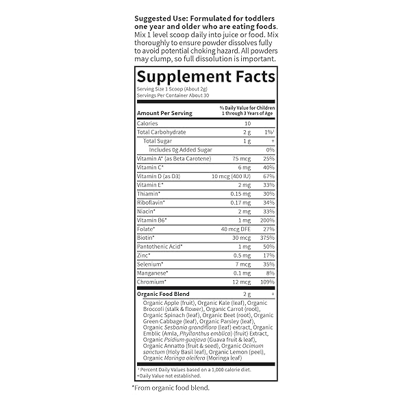 GARDEN OF LIFE KIDS MULTIVITAMIN POWDER, DAILY VITAMINS AND MINERALS FOR TODDLERS & KIDS – ORGANIC TODDLER MULTI POWDER WITH 15 VITAMIN C, D3, ZINC FOR HEALTHY GROWTH – GLUTEN FREE – 30 DAY SUPPLY