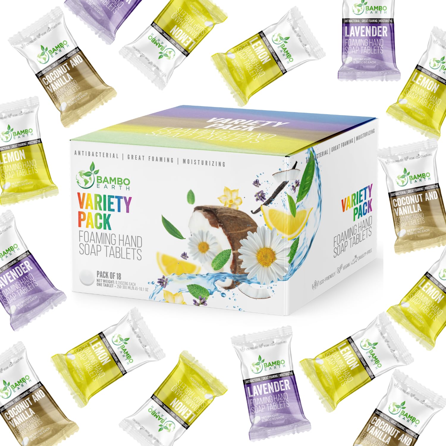 18 Pack Natural Foaming Hand Soap Tablets - Soft Moisturizing Handwash Tab Refills - 1 Tablet = 9 Oz Refillable Liquid Wash Foam Handsoap - Eco-Friendly Paper Softsoap Refill Tabs (Variety Pack)