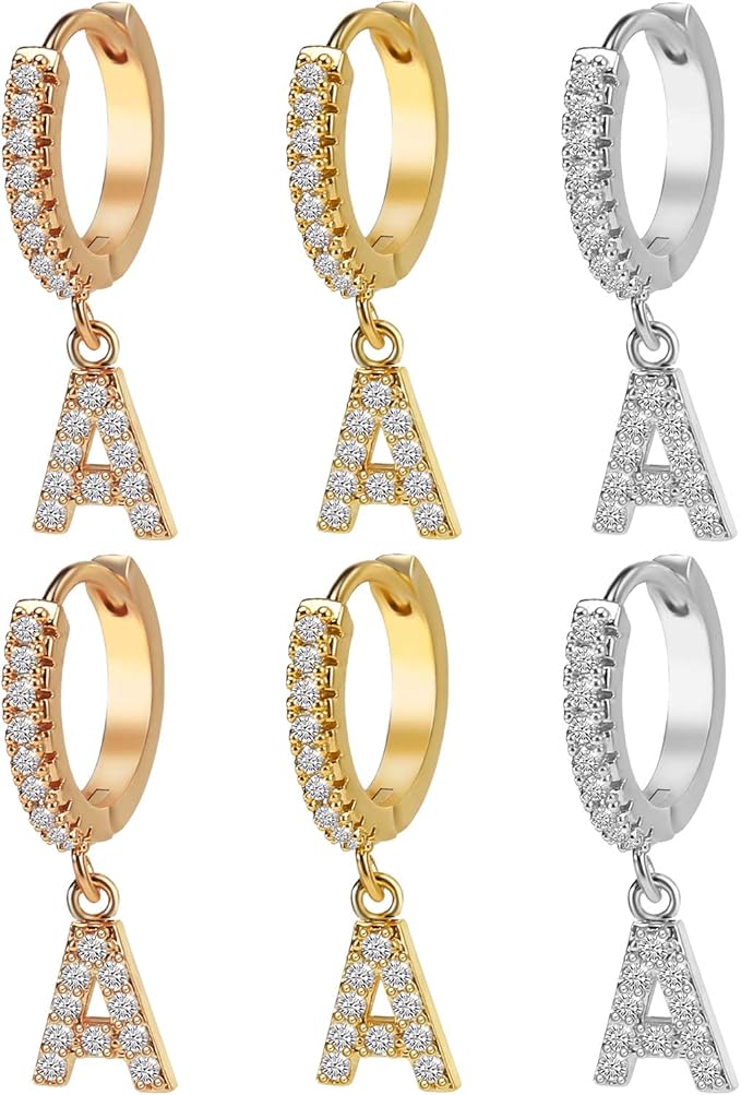 3 Pairs Initial Hoop Earrings 14K Gold Plated Cubic Zirconia Huggie