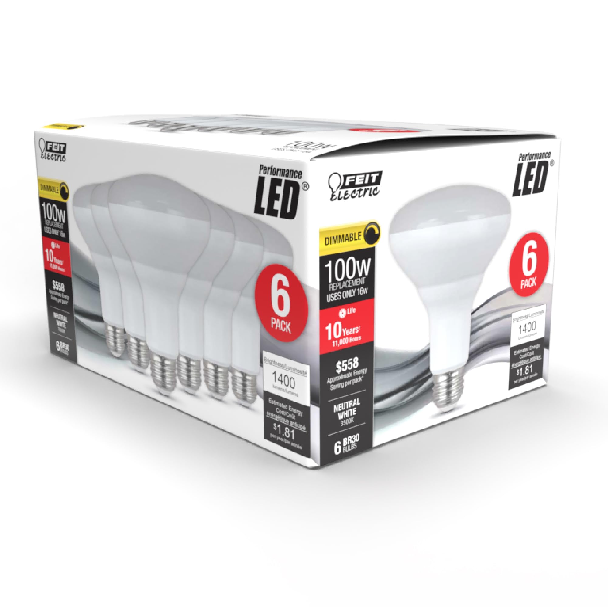 Feit Electric BR30 LED Light Bulbs, 100W Equivalent, Dimmable, E26 Standard Base, 80 CRI, 1400 Lumens, 3500K Neutral White, 120V, 10 Years Lifetime, Damp Rated, 6 Pack, 100BR30DM83510KLED/6