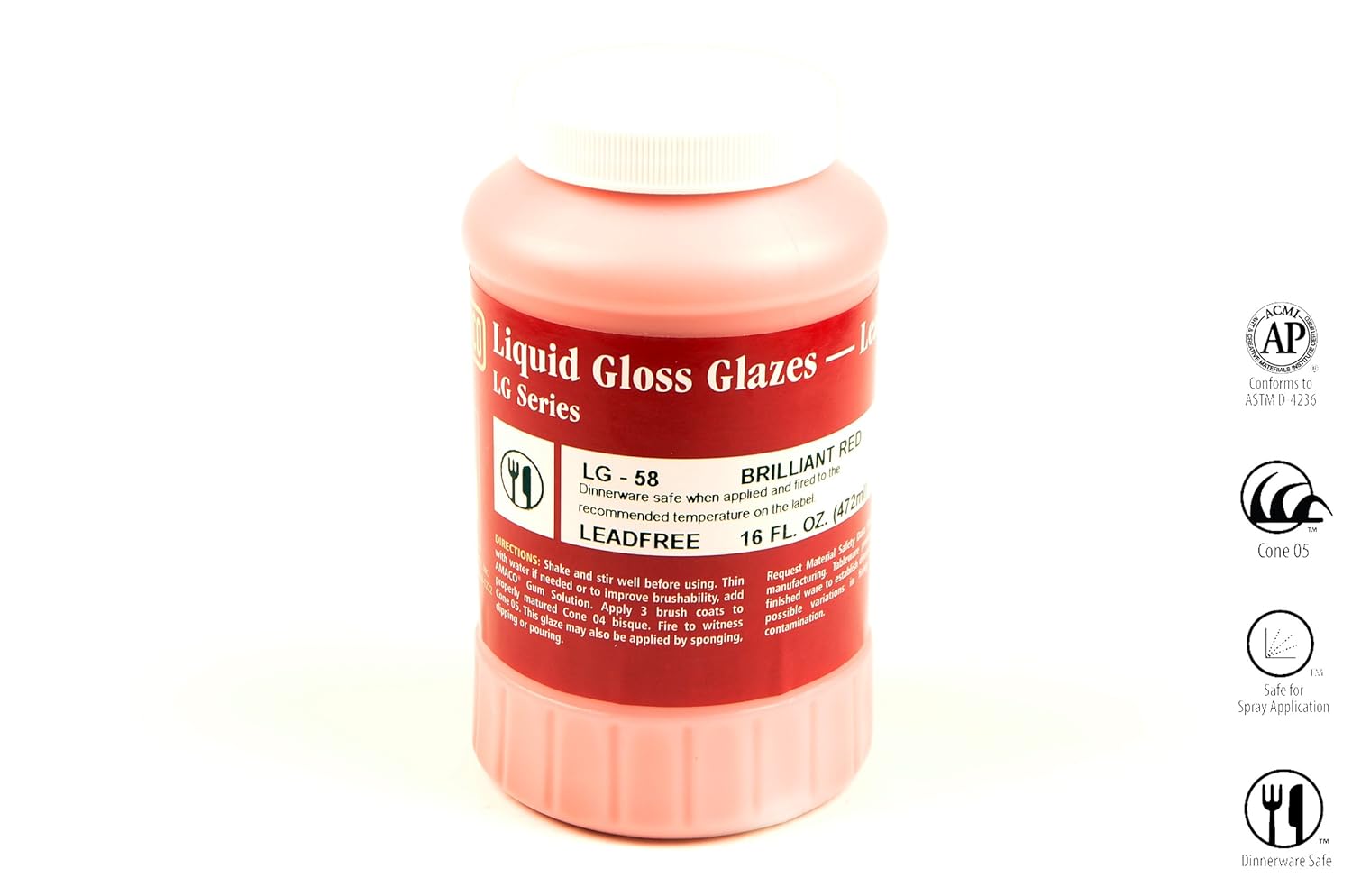 Amaco LG58 Lead Free Liquid Gloss Glaze, Brilliant Red, Pint