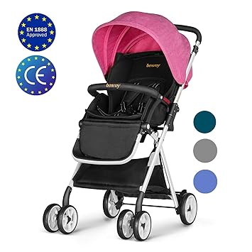 Besrey leicht Kinderwagen Buggy mit Liegeposition klein klappbar mit Regenschutz- rosa