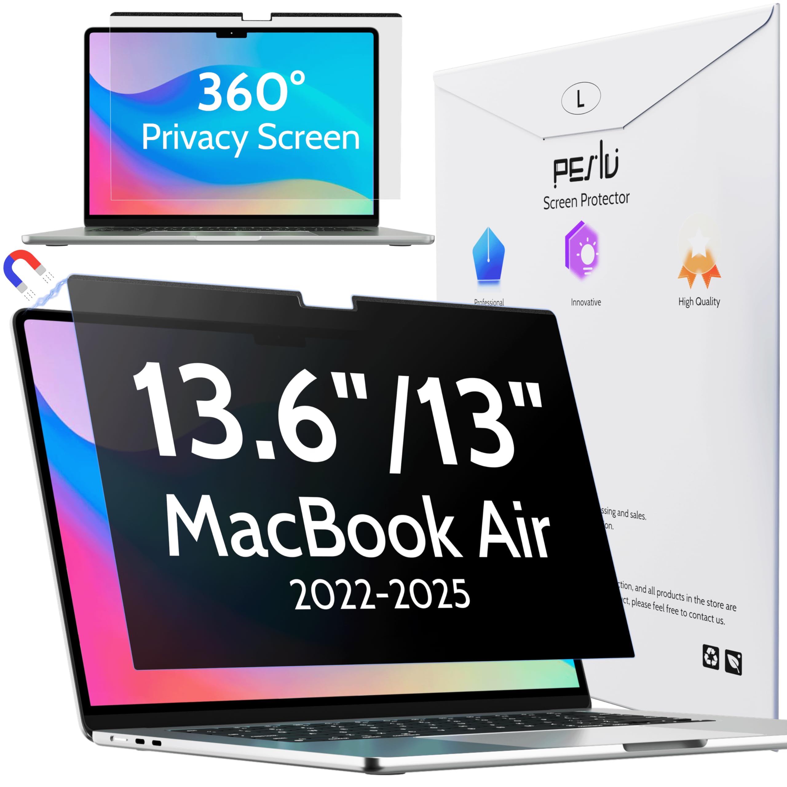 Photo 1 of Peslv Magnetic 360° Privacy Screen for Macbook Air 13.6/13 Inch (2022-2025, M2, M3, M4), Removable Matte Anti Glare Blue Light Protector 4 Way Private Security Filter for 13.6" Mac Laptop Computer
