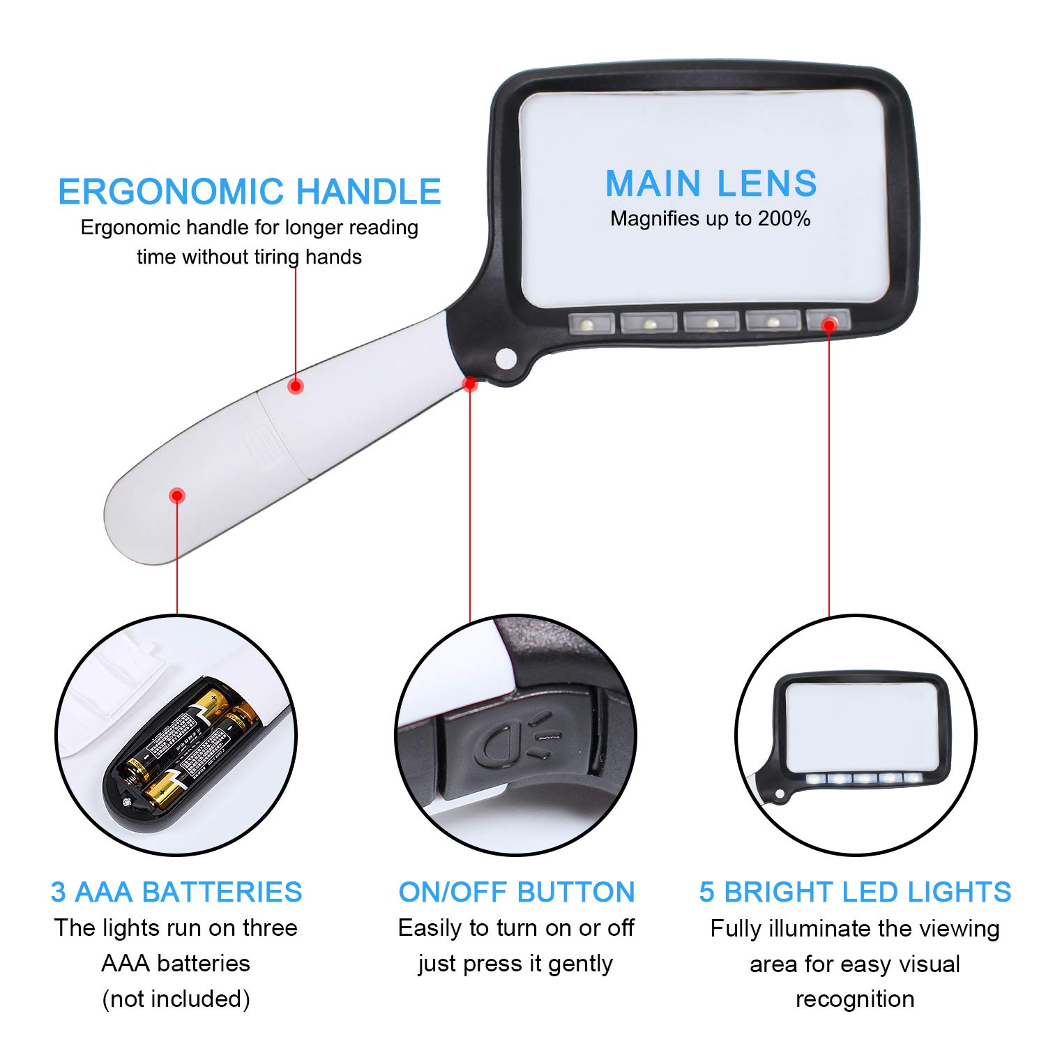 H+LUX Lighted Magnifying Glass 2X Large Handheld Reading Magnifier with 5 Dimmable LED Lights, Folding Handle, Rectangular Lens, Ideal for Seniors Reading, Low Vision, Macular Degeneration, Hobbyists