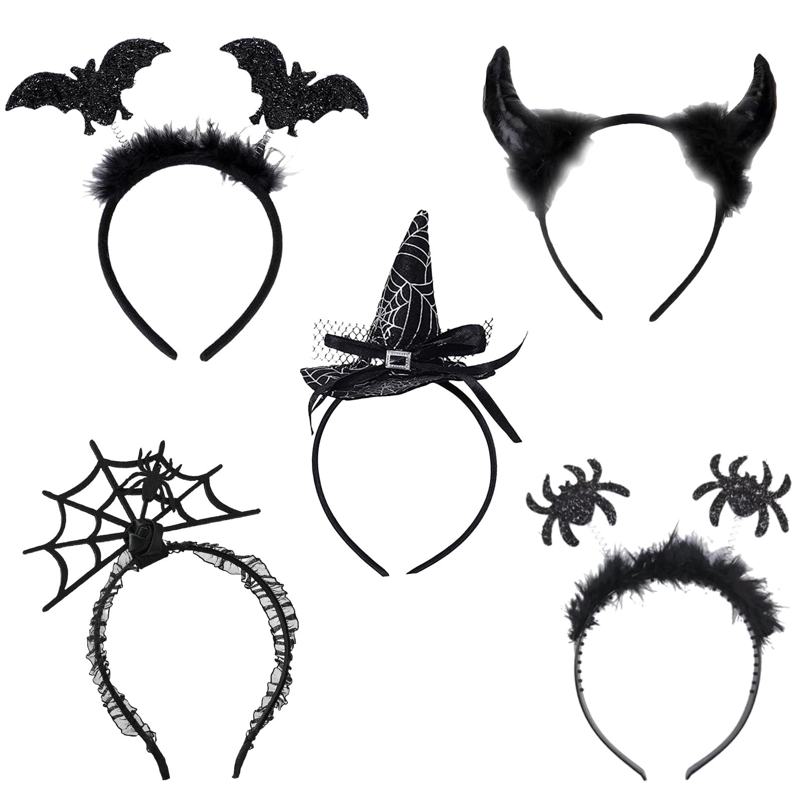 GWAWG 5PCS Halloween Headbands, Spider, Web, Bat, Witch, Devil Horns Headwear for Women Girls Costume, Carnival Festival Celebrations Decoration Masquerade Dress Up Party Favors