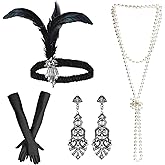 iHUFeather Women 1920s Flapper Set with Headband Beaded Necklaces Earrings Gloves for Vintage Wedding Costume Accessories