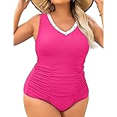 Curvagile Womens Plus Size One Piece Swimsuits Retro Tummy Control Bathing Suit V Neck Color Block Full Coverage Swimwear