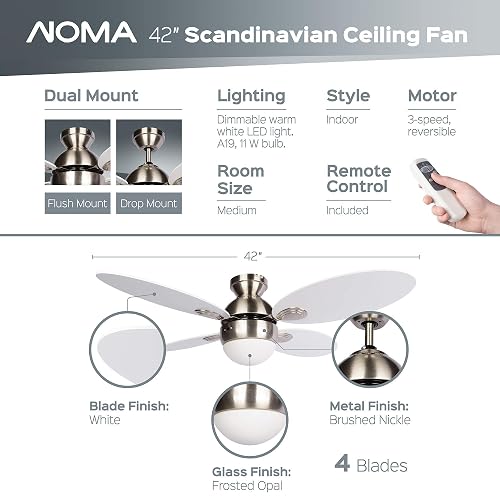 Noma 42-Inch Ceiling Fan With Light - Matte Black, Dimmable LED, Remote Control, Reversible Motor