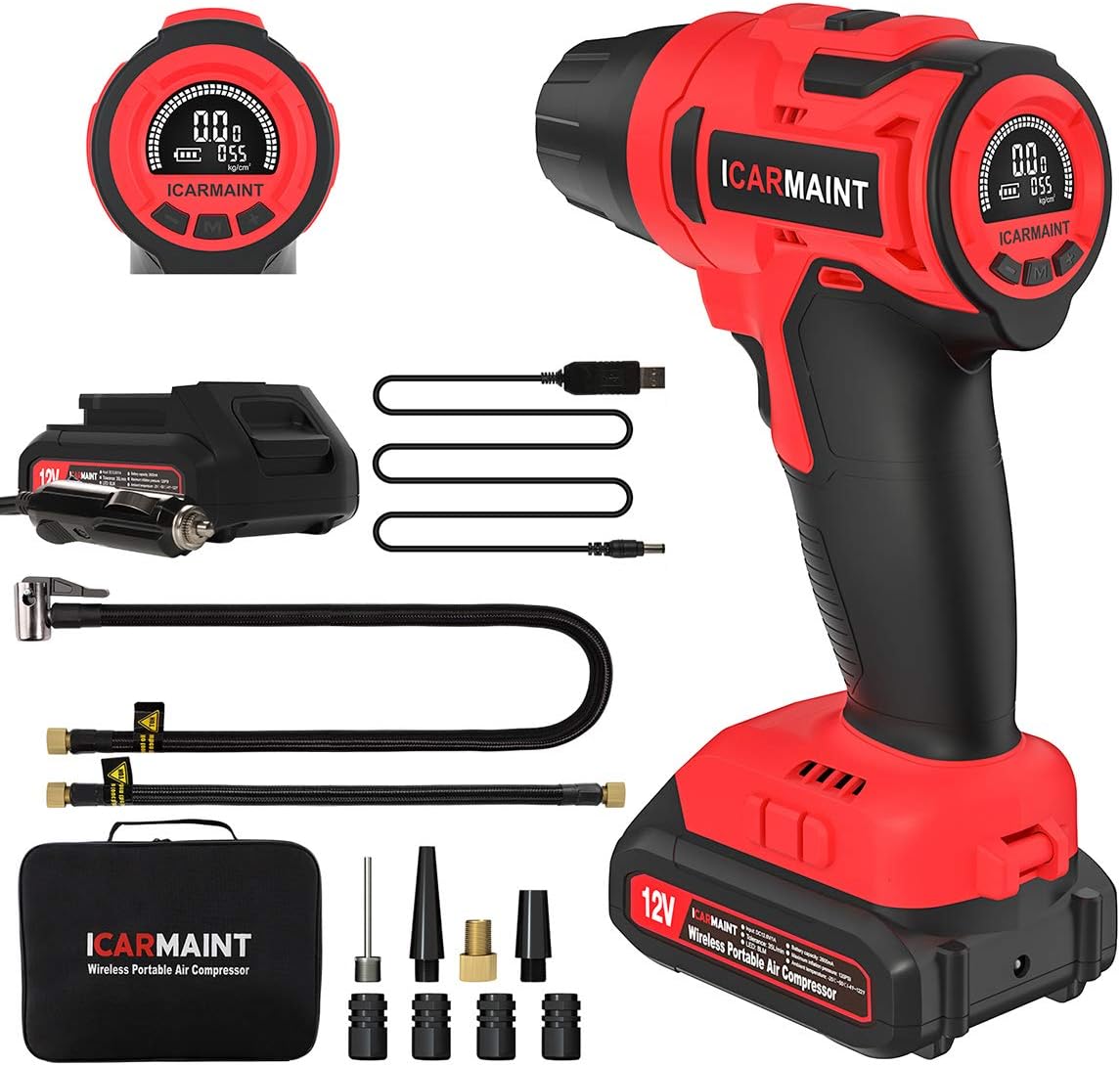 ICARMAINT Tire Inflator Air Compressor, Portable Car Air Pump with Digital Pressure Gauge, 12V 140 PSI Cordless Tire Pump with 2600mA Rechargeable Li-ion Battery and 12V Car Power Adapter