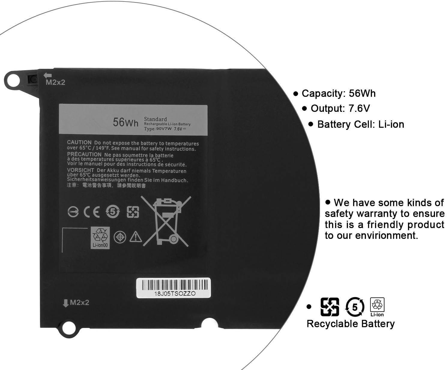 JD25G 90V7W JHXPY 5K9CP DIN02 090V7W 0DRRP RWT1R Laptop Battery Replacement for Dell XPS 13 XPS13 13D XPS13D 13-9343 13-9350 13D-9343 13D-9343-1808T 3708 XPS13-9350-D1608 D1508G D1708(7.6V 56Wh) - Image 5