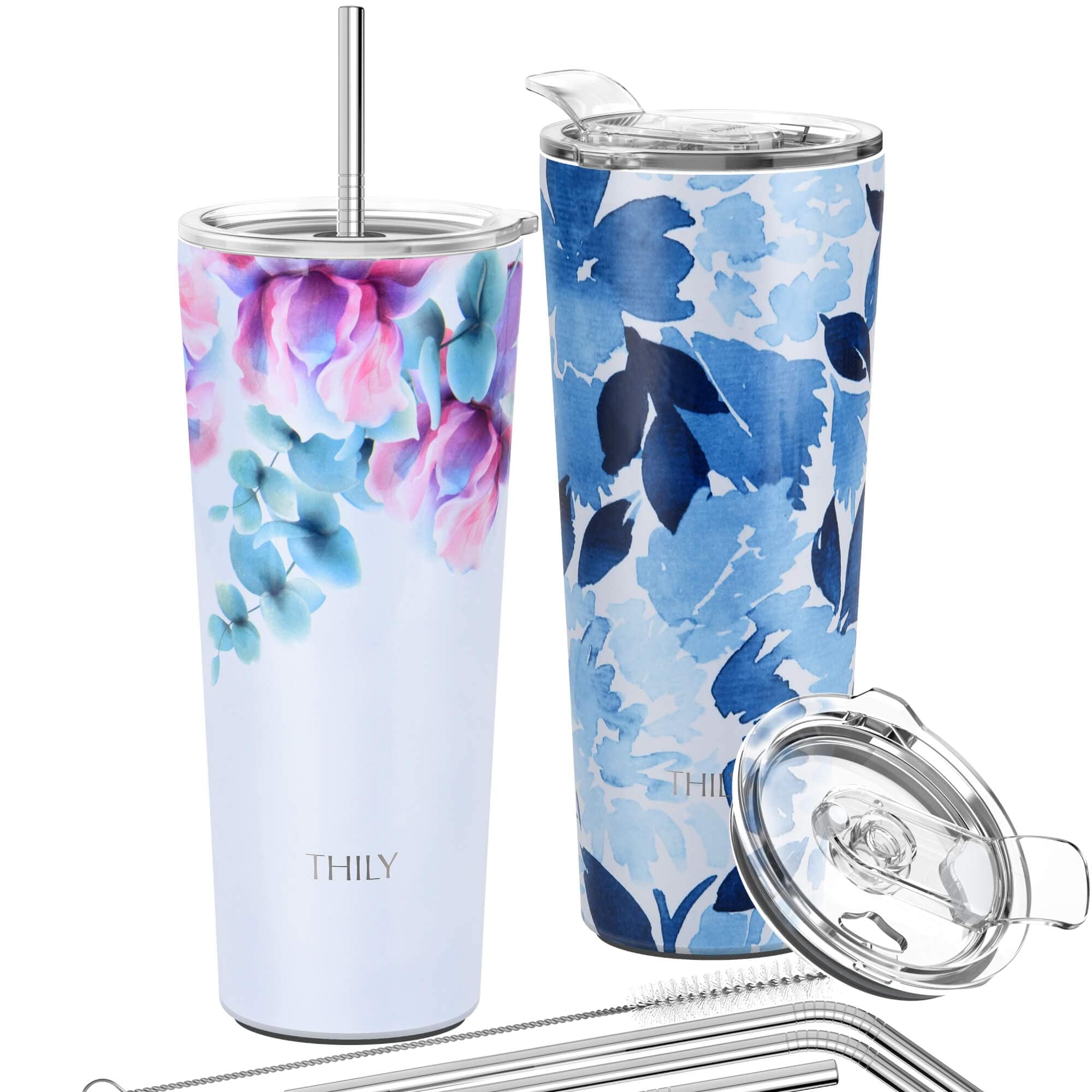 THILY Stainless Steel Vacuum Insulated Tumbler 26 oz Triple-Insulated Travel Mug with Splash-Proof Lid, for Iced Coffee and Hot Beverage, Pink Lilies + Blue Maple