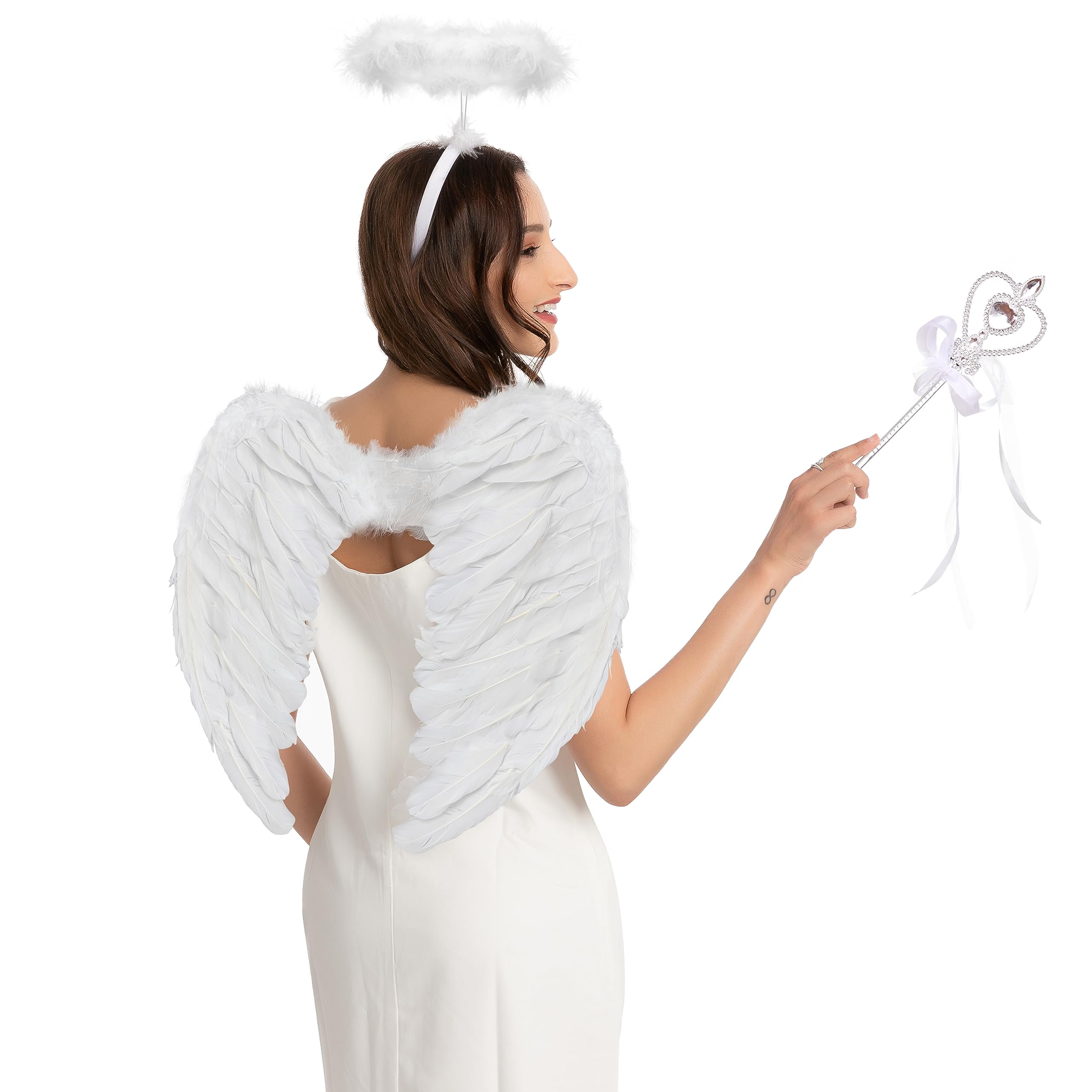 Spooktacular Creations White Angel Accessories Set with Feather Wings, Halo Headband and Wand for Halloween Party Fancy Dress Costume