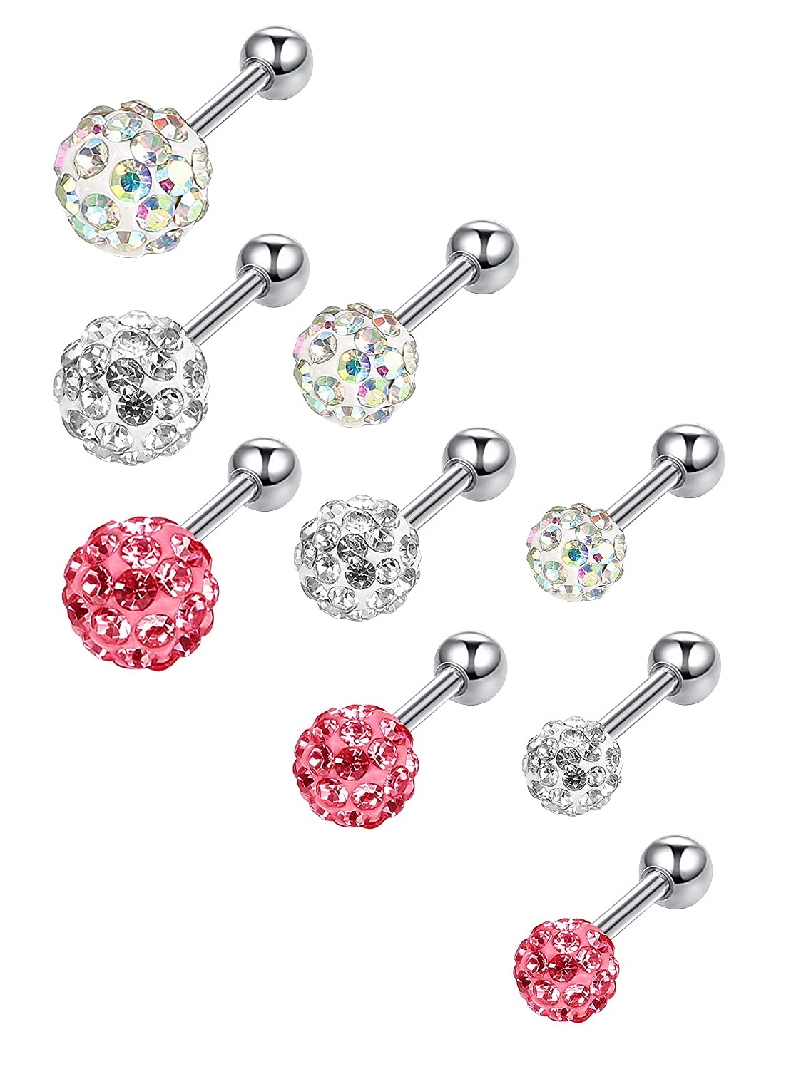 9 Pcs Round Ball Stud Stainless Steel Crystal Barbell Earring Set Cartilage Helix Earring Piercings for Tragus Cartilage Ear