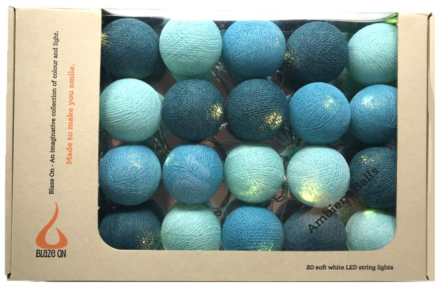 Blaze On Ambient Ball Fairy Lights (Metro Turquoise) – 20 Warm White LED Lights – Hand–Spun Cotton Balls – USB Powered and Includes UK 3–Pin USB Adapter – Indoor Decorative String Lights