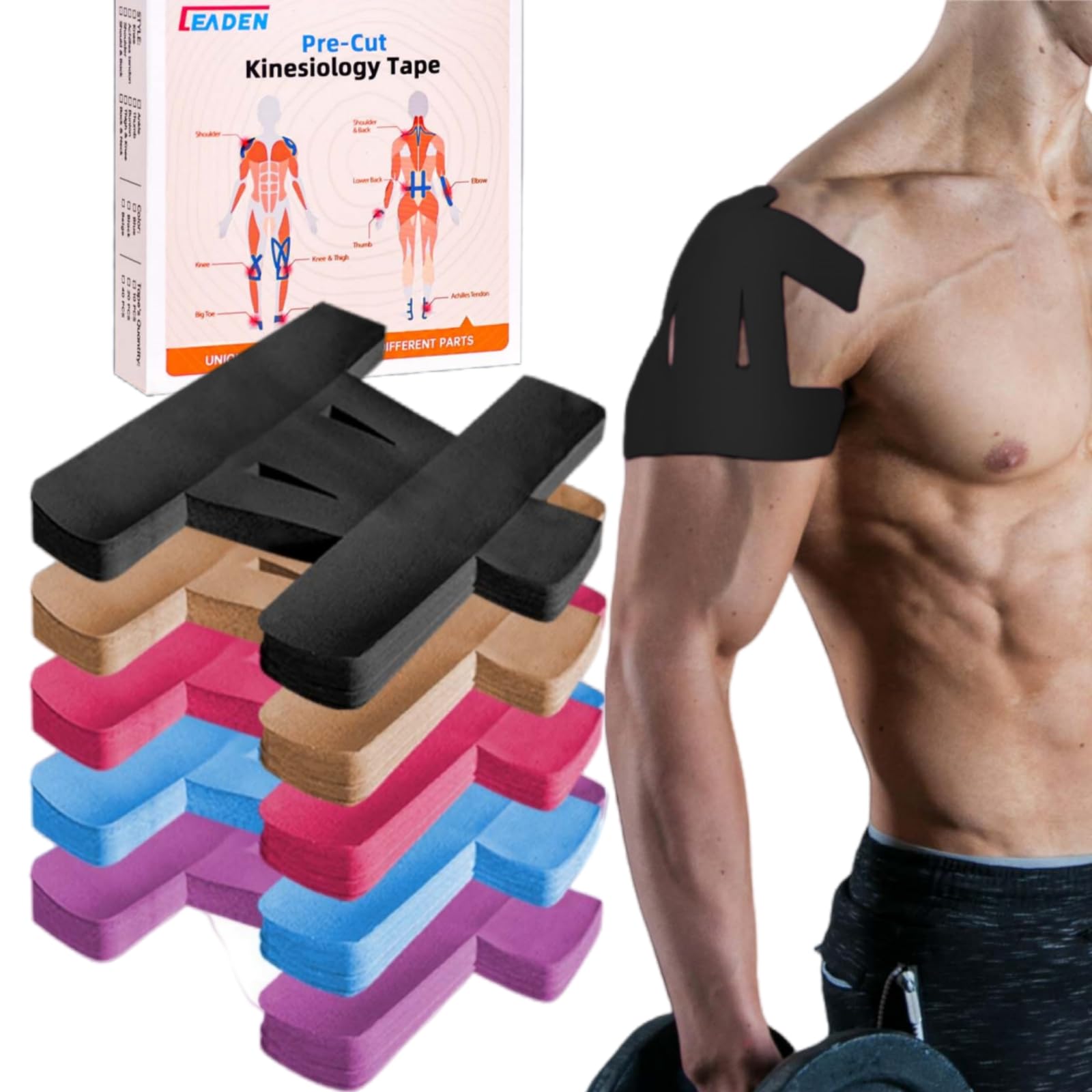 Photo 1 of IEADEN Precut Kinesiology Tape for Shoulder, 10 Pcs - Shoulder Support & Stability, Shoulder Pain Relief Athletic Tape - Waterproof & Elastic, Breathable Hypoallergenic Latex-Free Tape, Black