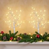 HipTree 2ft 2 Pack Lighted Birch Tree Christmas Fall Halloween Table Decor | Pre-Lit Birch Tree with LED Lights,Mini TabletopTrees for Indoor Easter Valentines Day Patriotic Decorations,Battery- Powered