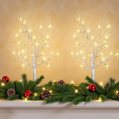 HipTree 2-Pack Lighted Christmas Halloween Fall Tree Decorations Indoor, 2ft Birch Tree with LED Lights, Small Tabletop Christmas Tree with Lights, Warm White Battery- Powered Fairy Light Spirit