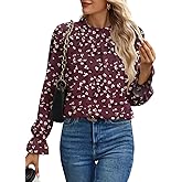 Spriolim Women's Swiss Dot Shirt Ruffle Long Sleeve Pleated Crewneck Blouse Casual Loose Tops