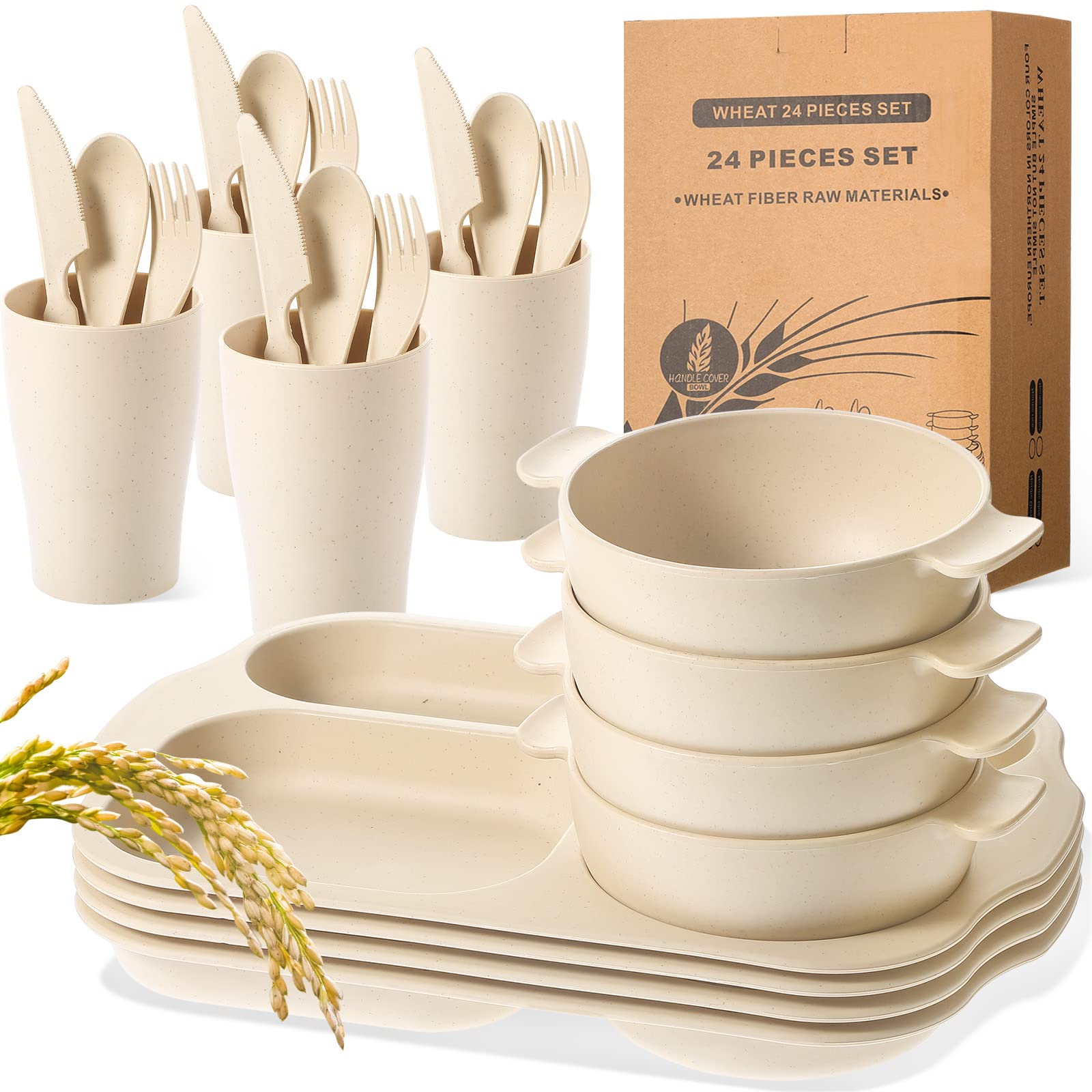 Photo 1 of 24 Pcs Wheat Straw Dinnerware Cutlery Set for Kids Toddler Aldult Including Divided Plates Microwave Dishwasher Safe Bowl Unbreakable Tableware Straw Cutlery Spoon Knife Fork(Beige)