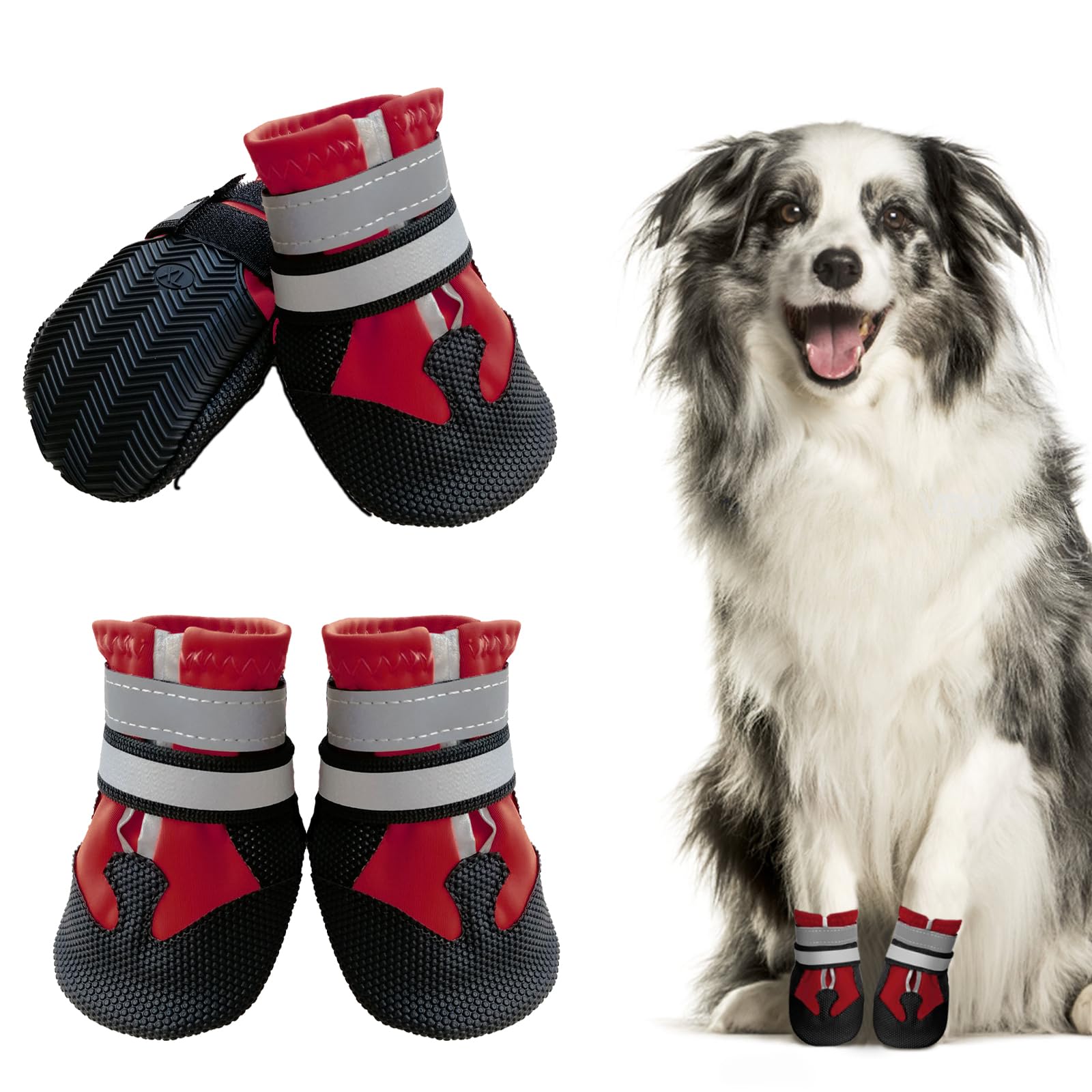 Muecleao Dog Boots, Set of 4 Dog Shoes for Injured Paws, Waterproof Dog Shoes with Reflective Straps and Anti-Slip Sole, Paw Protectors for Small Medium Large Dogs (Red, S) — image 1