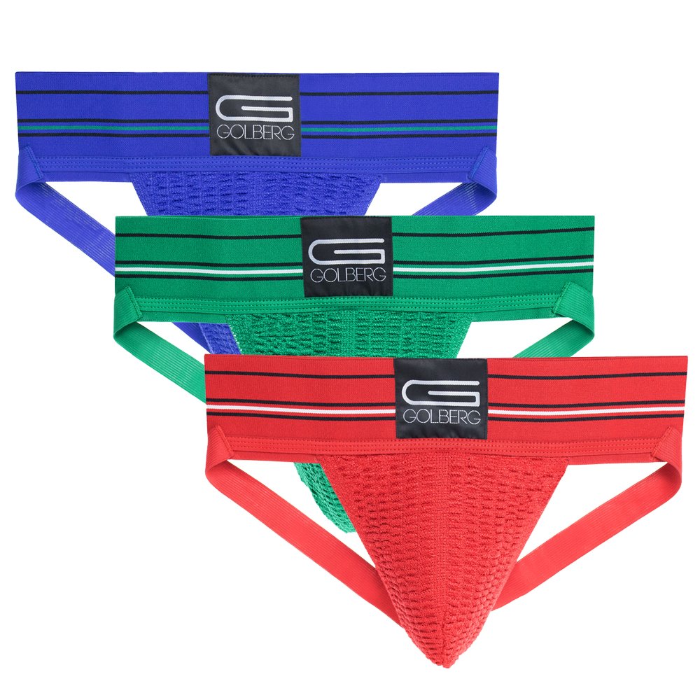 Golberg Athletic Supporter - Naturally Contoured Waistband - (3 Pack, Cardinal Red - Envy Green - Cobalt Blue, Medium)