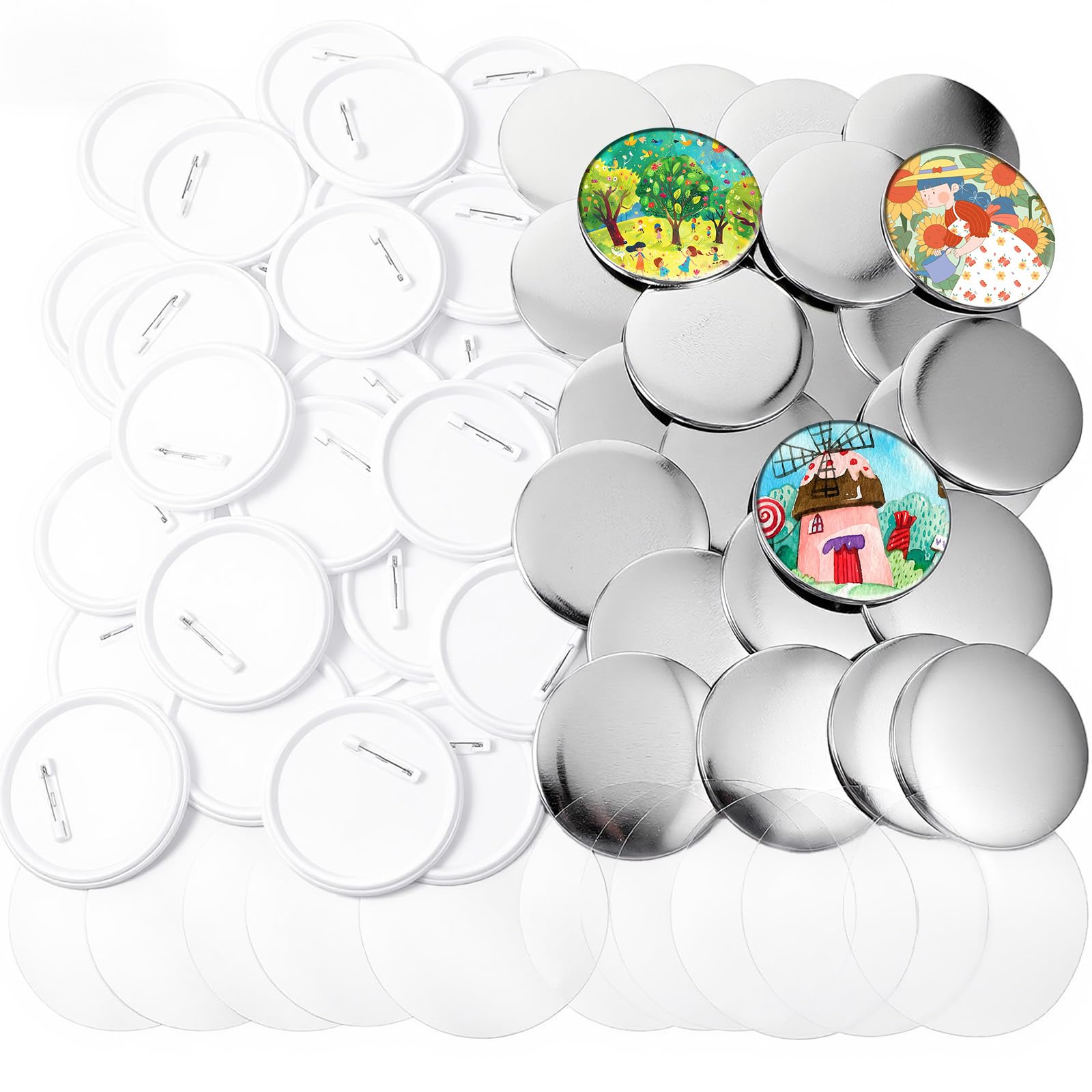 Photo 1 of 100 Sets 3 Inch Button Maker Supplies, 75mm Blank Round Badge Button Parts Making Kit with Metal Covers, Plastic Pin Backs, Clear Film & Blank Paper for Buttons Maker Machine & Badge Press