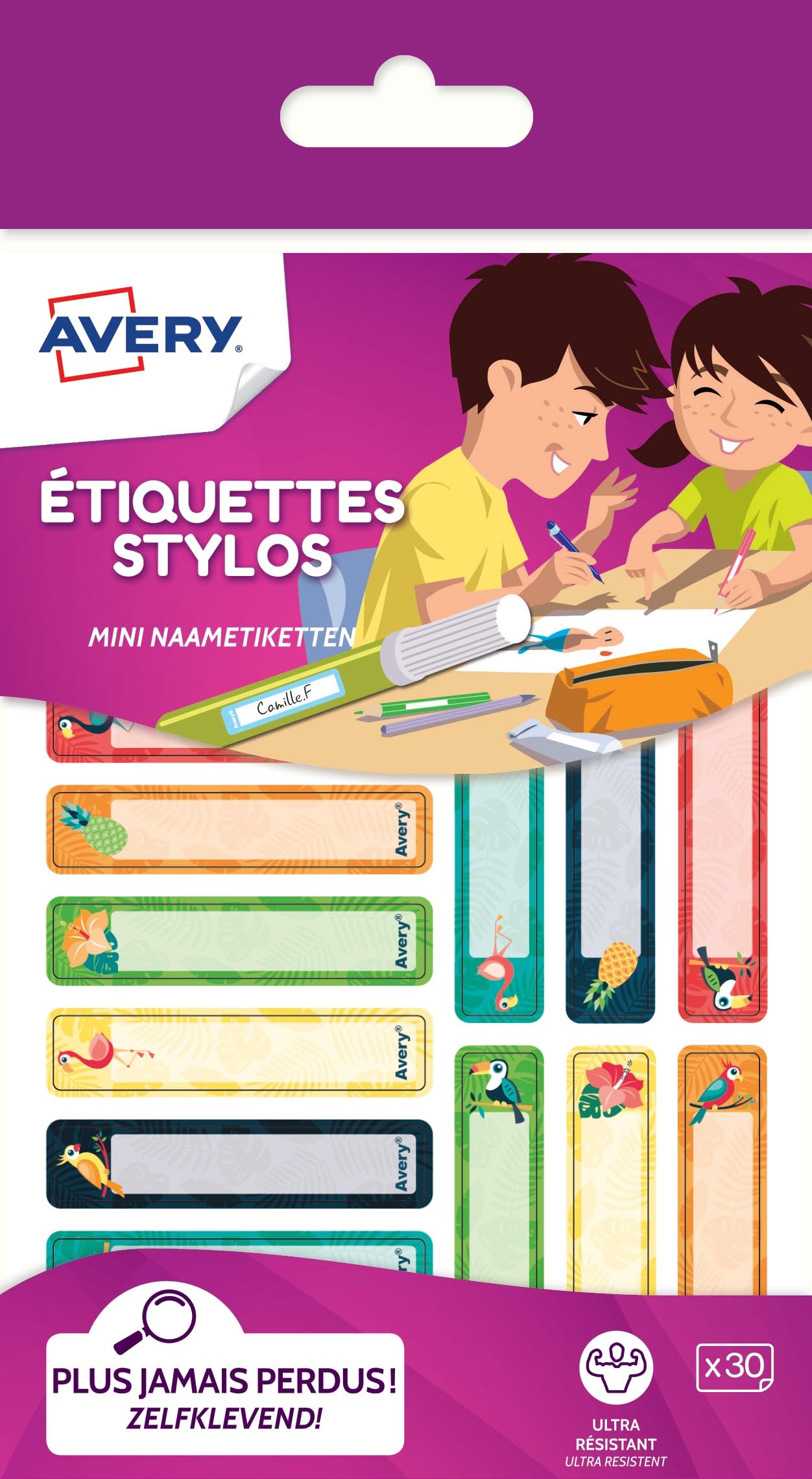 Avery Pack of 30 Labels for Pens 50 x 10 mm Tropical Theme