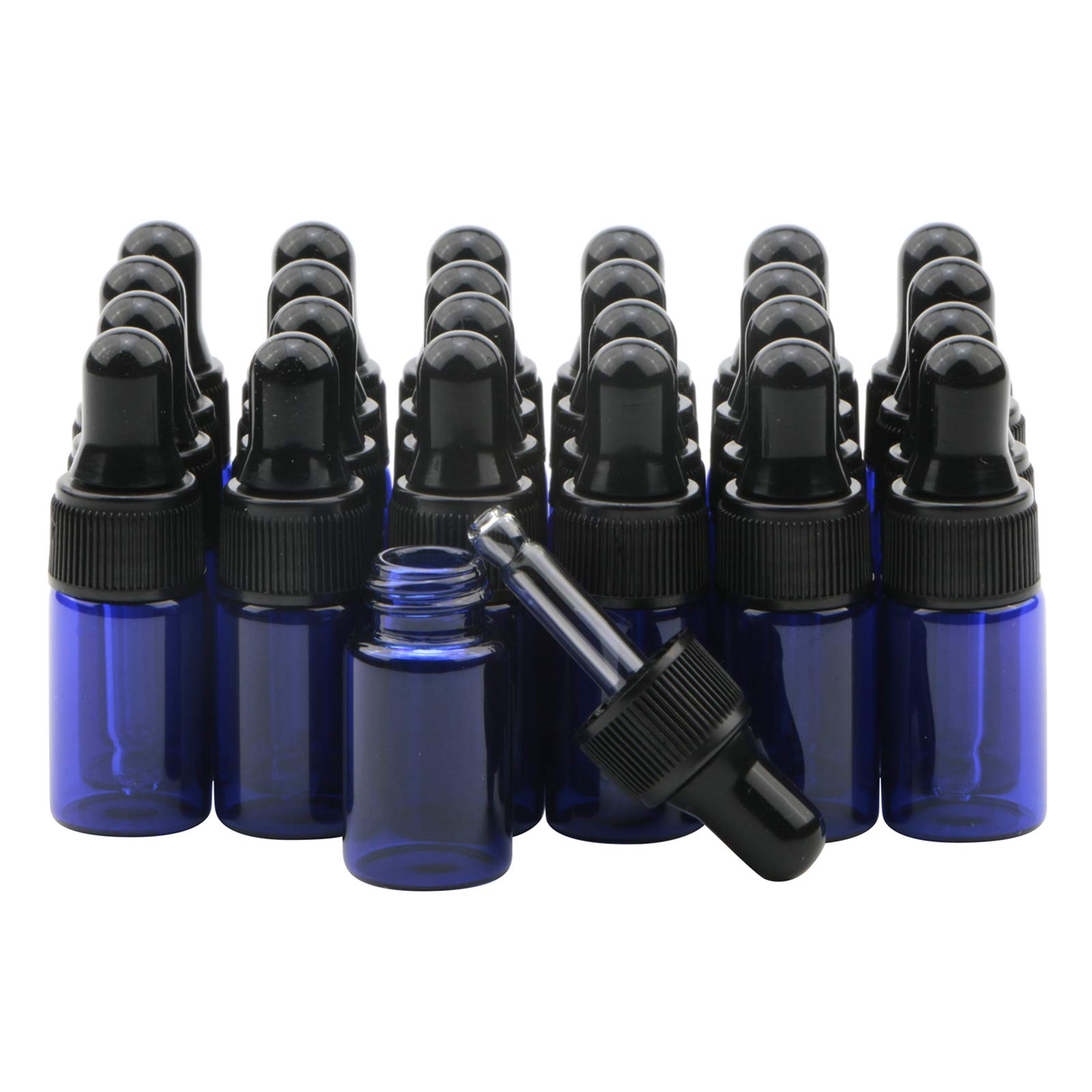 Rowiz 30 PCS 3ml Blue Glass Dropper Bottles with Pipettes Dropper&Black Screw Cap，Glass Essential Oil Bottles Eye Dropper Vials Perfume Cosmetic Liquid Aromatherapy Lotion Sample Bottles