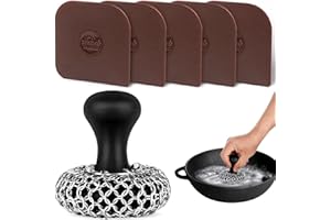TMEDW Cast Iron Scrubber | Dish Scrub Brush | 316 Cast Iron Cleaner Chainmail Scrubber for Cast Iron Pan Skillet Cleaner - Dish Scouring Pad Dishwasher Safe Cleaning Kit (Black, 1 Scrubber + 5 Scrapers)