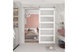 BARNSMITH 48in x 96in Glass Barn Door and 8FT Nickle Sliding Door Hardware Included, 5-Panel Frosted Glass Sliding Barn Door, Solid Wood Covered with Water-Proof PVC Surface, Easy Assembly, White