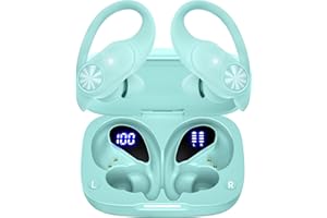 PocBuds Bluetooth Headphones Wireless Earbuds 80hrs Playtime Wireless Charging Case Digital Display Sport Ear buds with Earhook Deep Bass IPX7 Waterproof Over-Ear Earphones for Phone Laptop Mint Green