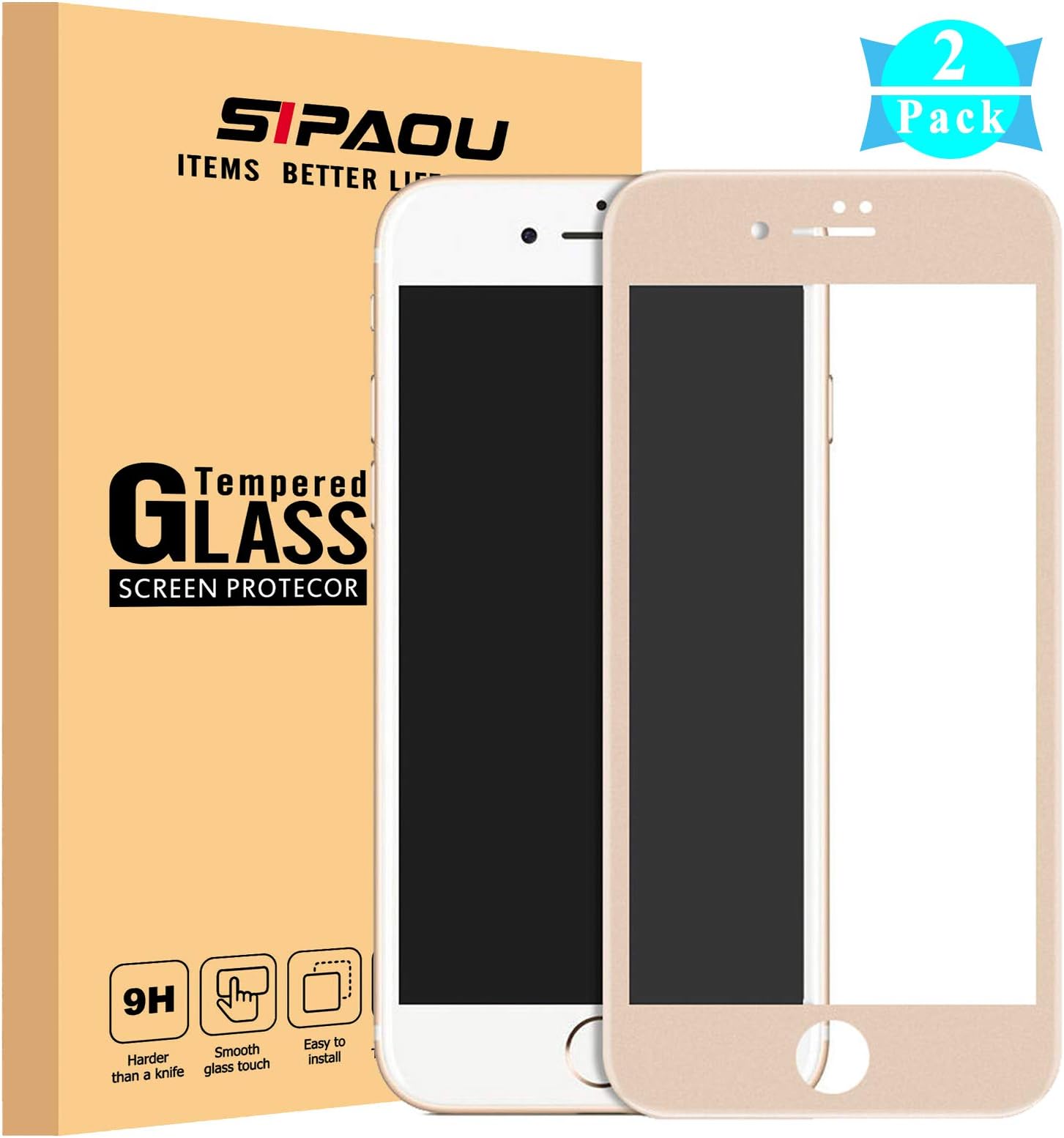 [2 Pack] iPhone 7 Plus/ 8 Plus Screen Protector, SIPAOU 3D Full Coverage Tempered Glass Screen Protector Film [Edge to Edge Protection] with Soft Frame for iPhone 7 Plus/8 Plus (5.5" Gold)