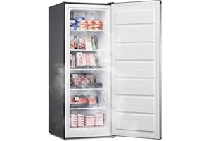 Upstreman Upright Freezer 7 cu ft, Stand up Deep Refrigerator, Temp Control, Reversible Door, 1 Drawer, 4 Removable Shelves, Adjustable Leg, Energy Star, for Garage, Dorm, RV, Silver, UF70