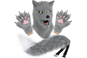 hbbhml Animal Dog Head Mask Realistic Furry Plush Tail Claw Gloves Full Wolf Masks for Halloween Party Carnival Cosplay
