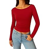ForeFair Long Sleeve Going Out Top - Women Shirt Boat Neck Double Lined Crop Tight Ruched T Shirts