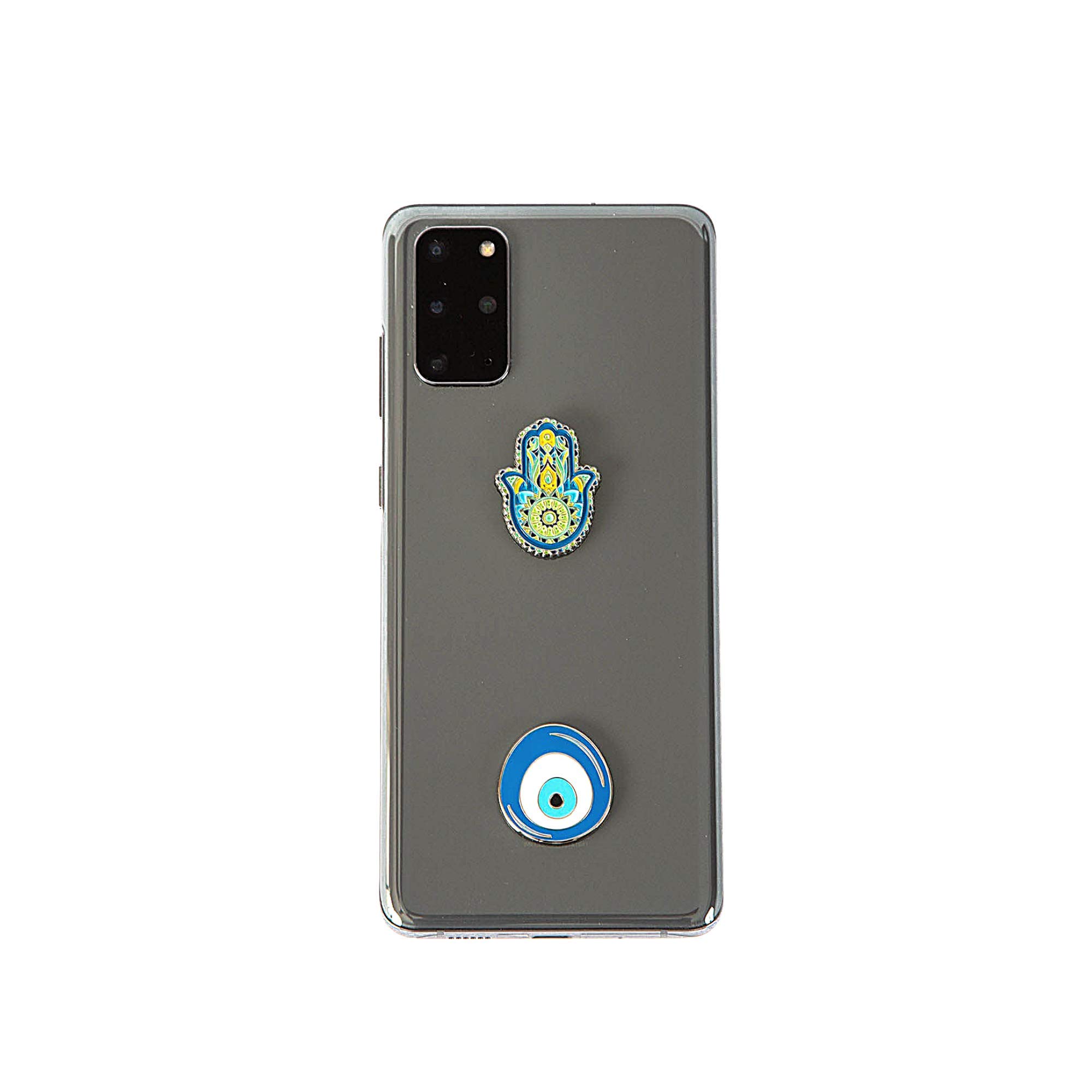 Platters and Pearls Metal Charm Stickers for Cell Phone Cases. Blue Evil Eye and Hamsa. Set of 2. Reusable & Removable. Leaves No Residue. Universal Spiritual Symbols of Protection and Good Luck. (Blue Greek Evil Eye and