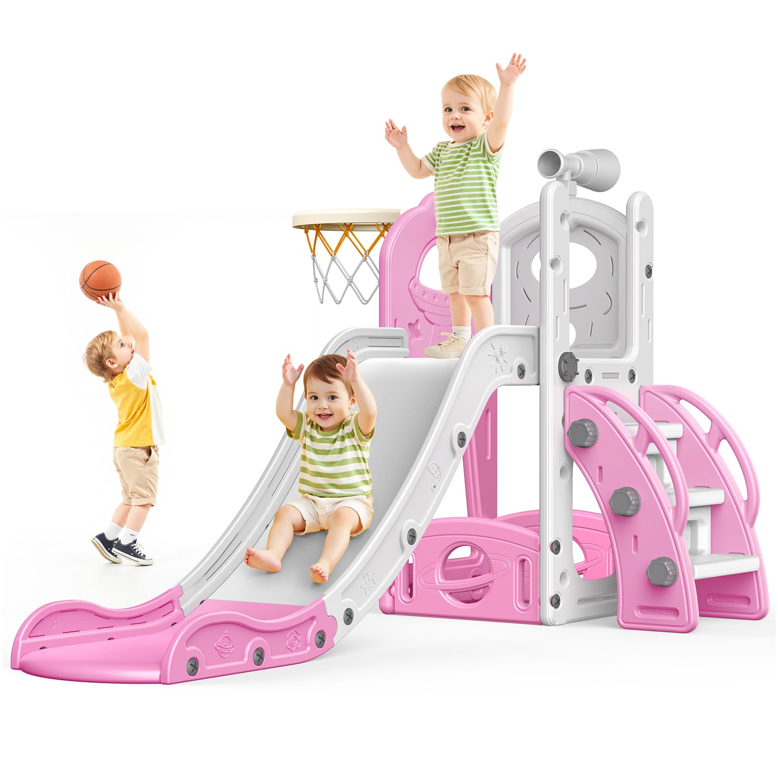 Naxudcoo Kids Slide: Large Toddler Slide With Basketball Hoop, Pink Slides For Toddlers Age 1-3 Toddler Climber Slides Playset With Storage Space, Indoor Outdoor Toy For Toddlers 1-3 Years