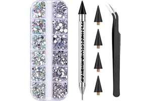NFRBTD Rhinestone Picker Tool with 4 Wax Tips, 1500PCS Nail Rhinestones & Tweezer, Gems Rhinestones for Nails Crafts Clothes Bedazzling