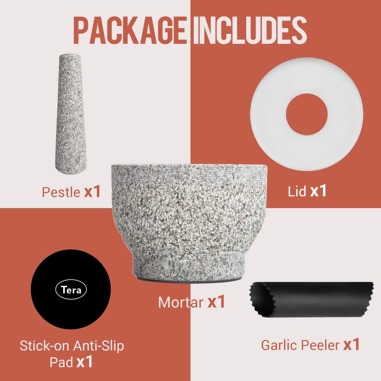 Tera Mortar and Pestle Set with Lid 2 Cup-Capacity, Include Silicone Lid, Garlic Peeler, Stick-on Anti-slip Pad for Base, Unpolished Granite Mortar and Pestle Spice Grinder, 5.5 Inch: Kitchen & Dining