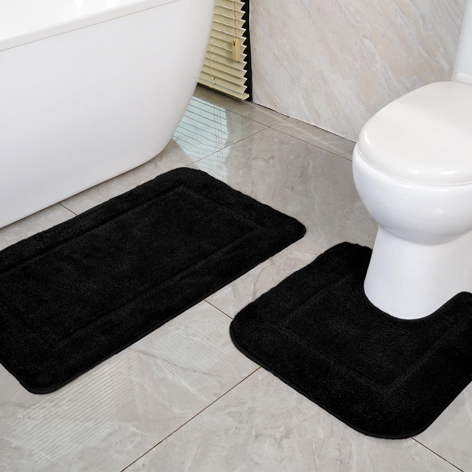 SOANNY Black Bath Mat Set of 2, High Density Soft Microfiber Non-Slip Bathroom Mats with Water Absorbent, 53x86 cm Bathtub Rug & 50x50 cm Toilet Pedestal Carpet, Shower Rugs Machine Washable — image 1