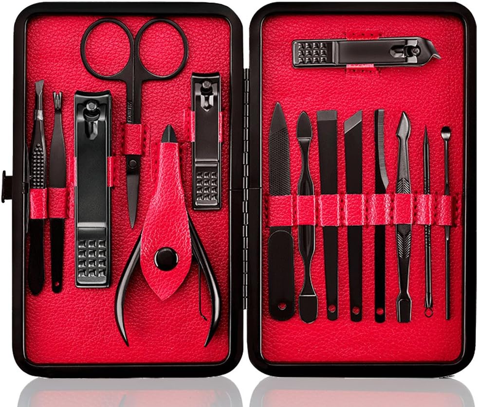 Keiby Citom Professional Stainless Steel Nail Clipper Travel & Grooming Kit Nail Tools Manicure & Pedicure Set of 15pcs with Luxurious Case(Black/Red)