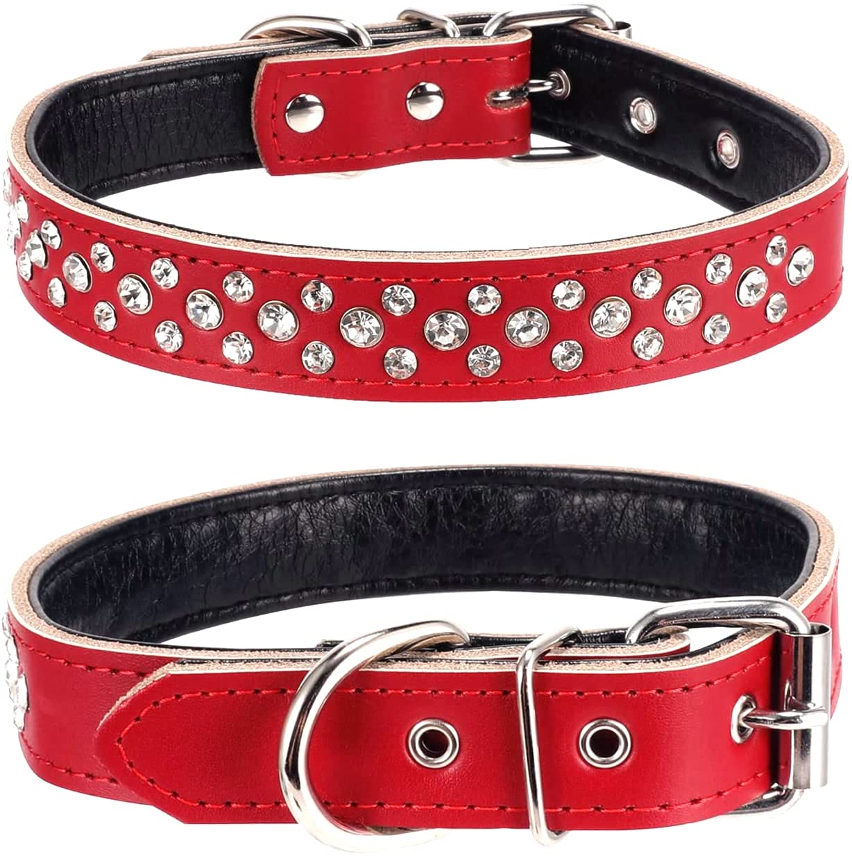 Haoyueer Rhinestones Dog Collar, Adjustable Sparkly Crystal Studded Genuine Leather Pet Dog Collar for Small and Medium Dogs (L, Red)