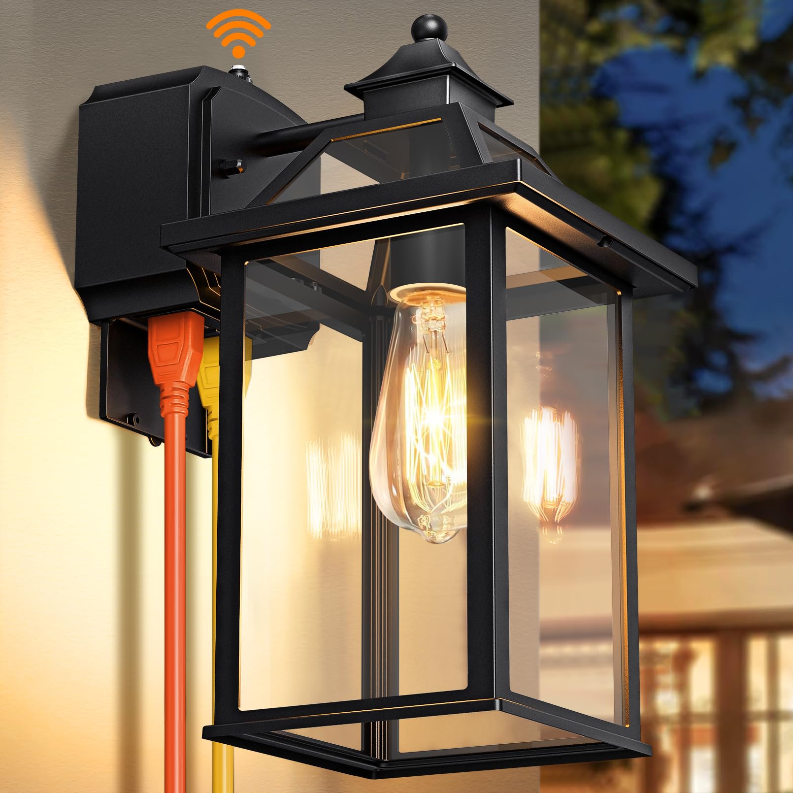 Photo 1 of Porch Light with GFCI Outlet, 14'' Large Dusk to Dawn Outdoor Lights for House, Waterproof Exterior Lighting Fixtures, Black Anti-Rust Outside Wall Mount Sconce for Patio Front Door Entryway, E26