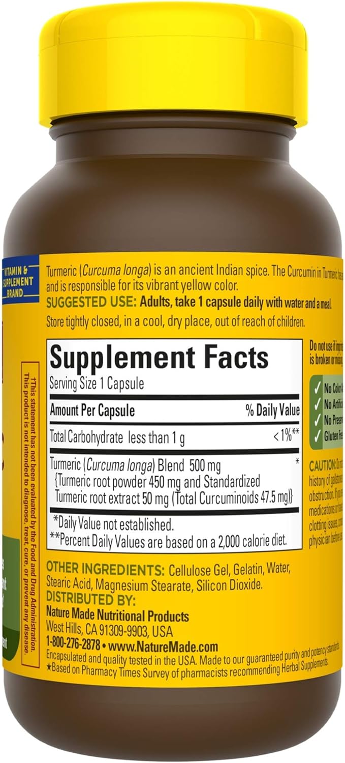 Nature Made Turmeric 500 mg Capsules, 60 Count for Antioxidant Support† (Packaging May Vary): Health & Personal Care